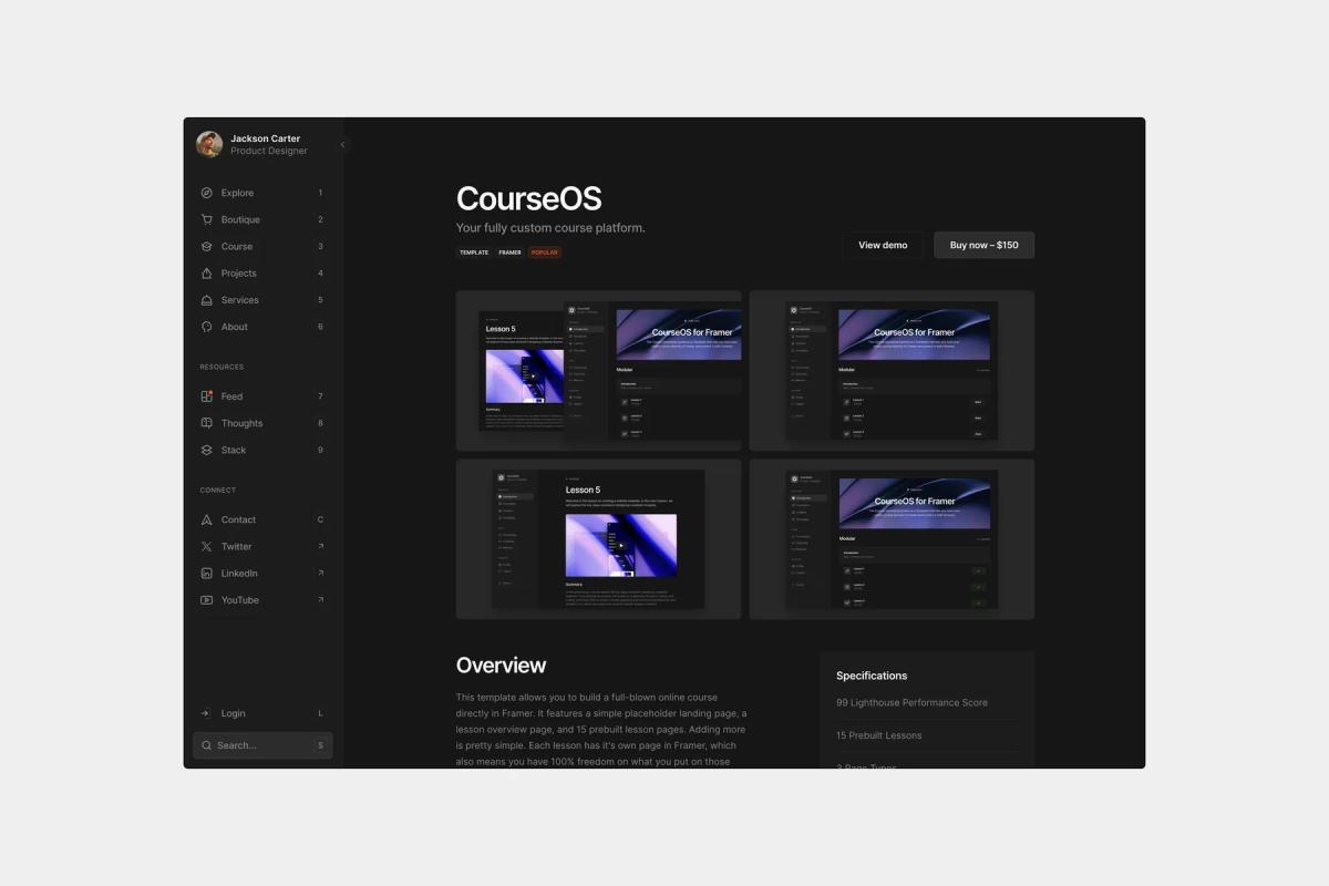 Simple and Elegant Navigation in Dashfolio+ - Personal Website Template for Framer