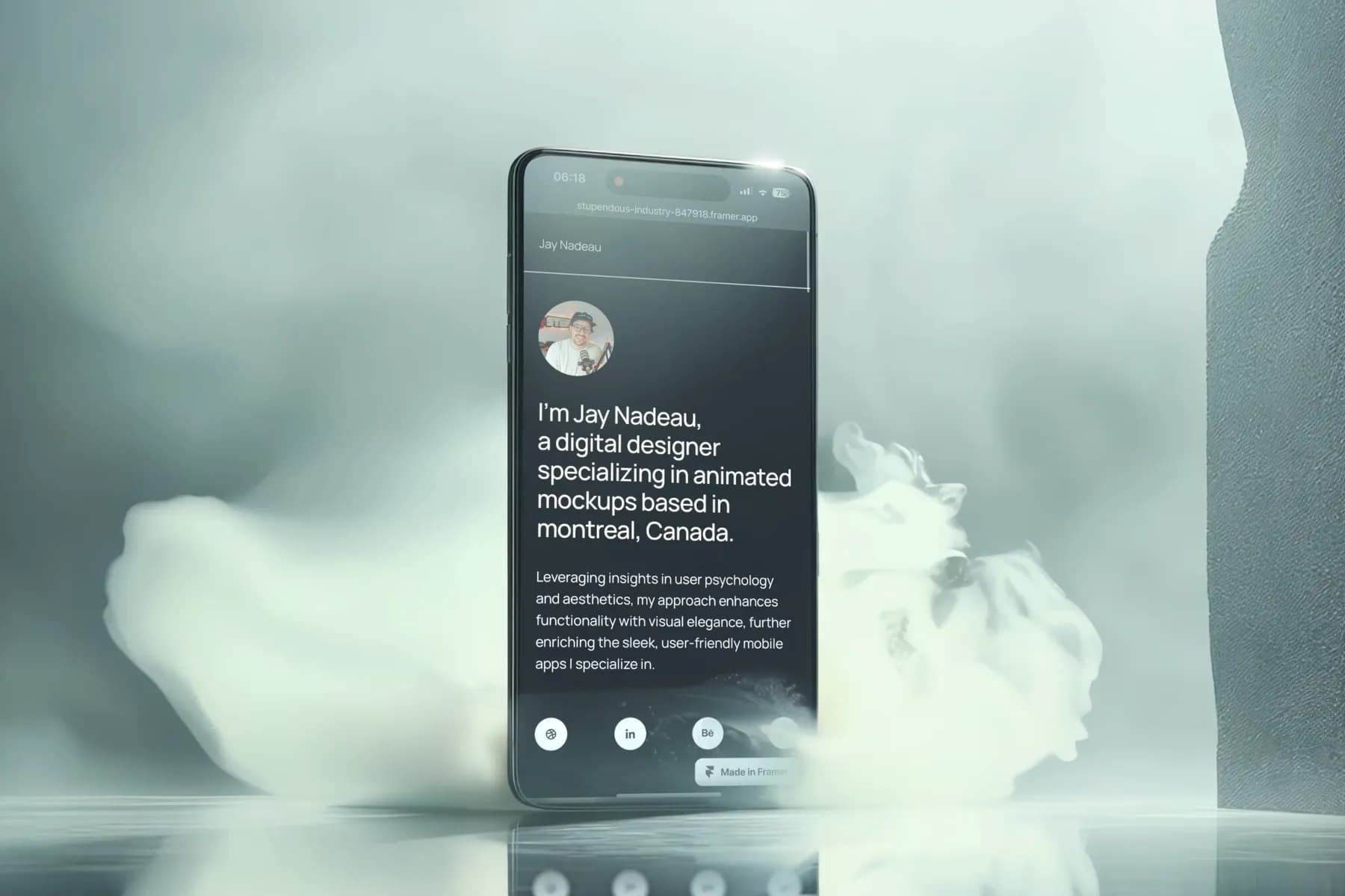 Mockup of an Iphone 15 Pro in a minimalist environment surrounded by smoke