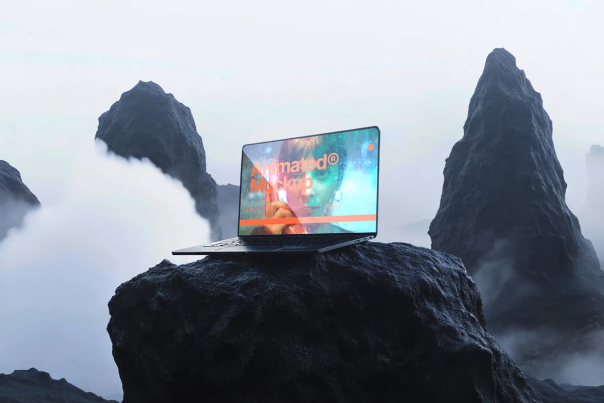 Mackbook Pro Mockup on a black lava rock
