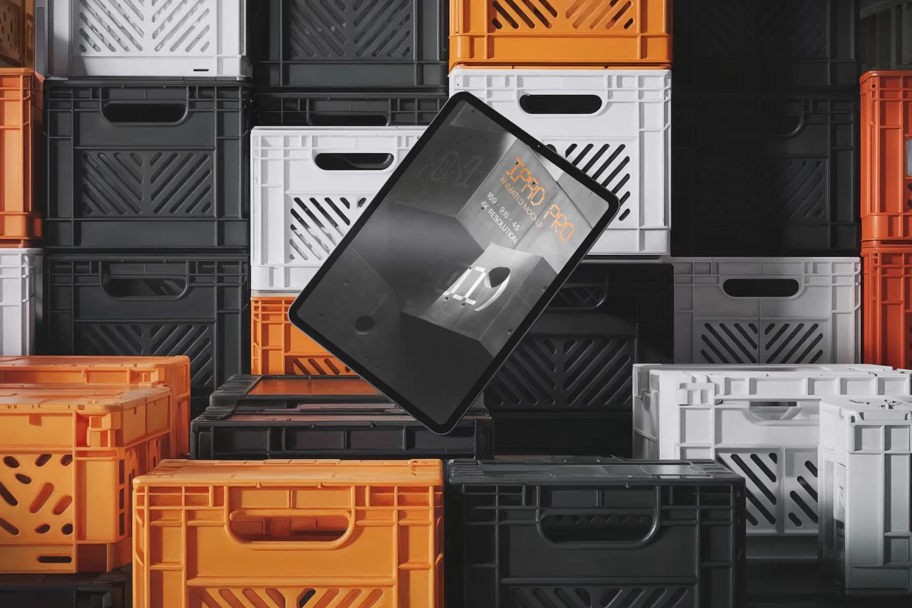 Ipad Pro Mockup levitating over orange black and white plastic crate
