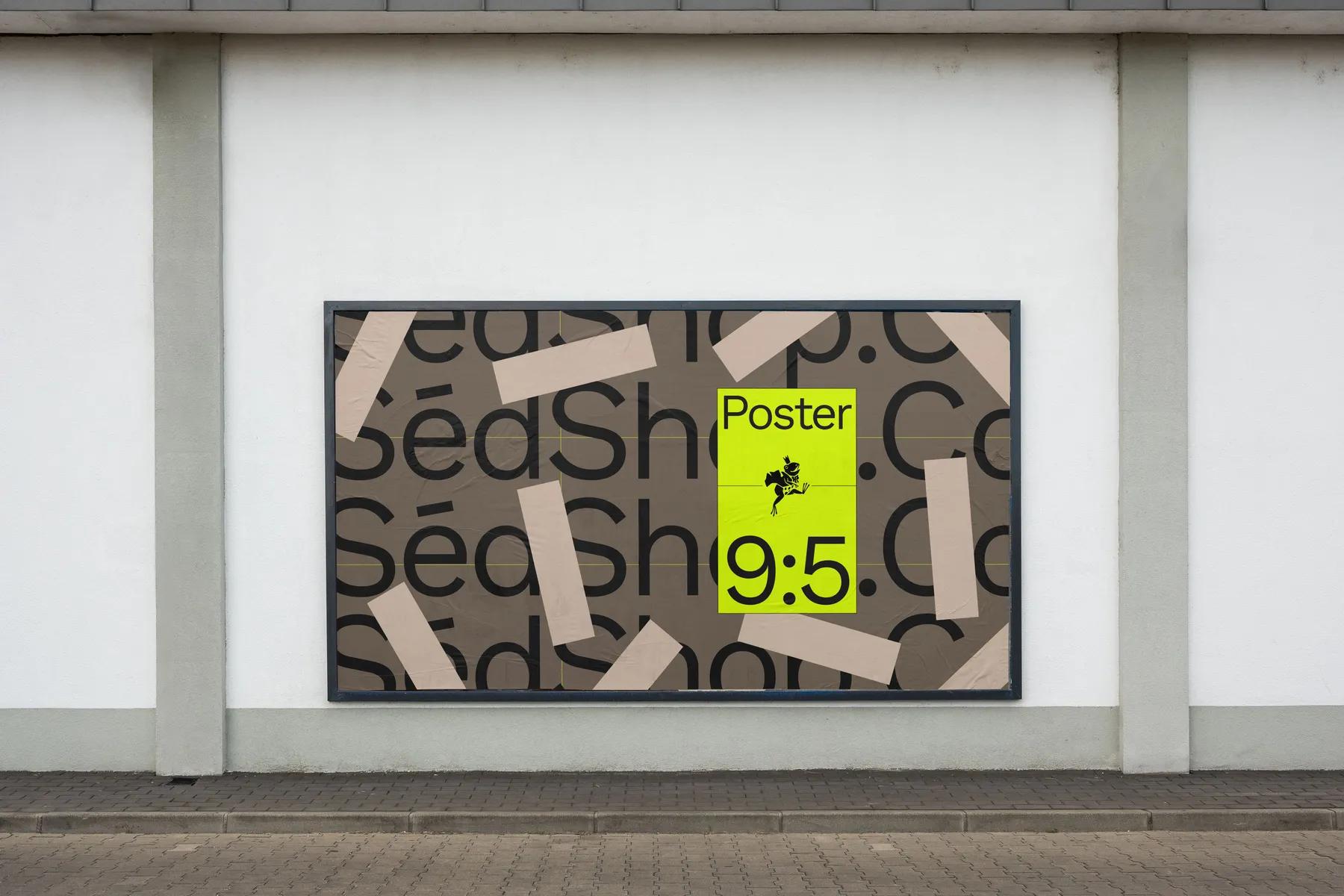 Outdoor mockup of a billboard featuring a patterned background with 'SedShop.co' branding and a bright yellow section highlighting the text '9:5 Poster' with a small silhouette of a jumping frog.