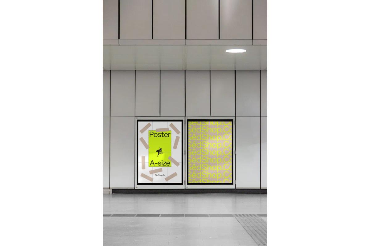 An A-size poster mockup situated in a subway station, featuring a vivid yellow design with 'Poster A-size' and the 'SedShop.Co' logo, flanked by a patterned version of the branding.