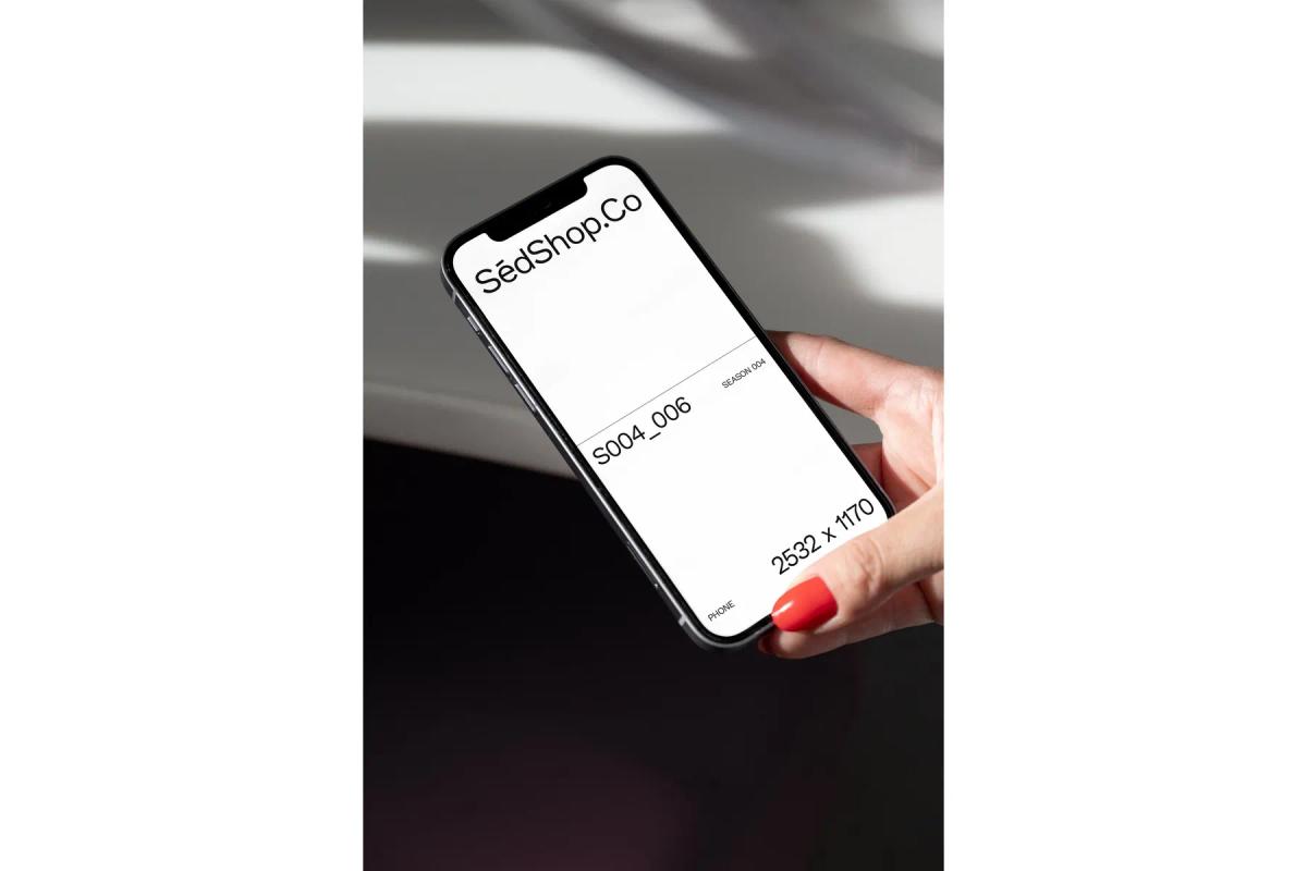 Hand holding an iPhone mockup with 'SèdShop.Co' on the screen, against a blurred background.