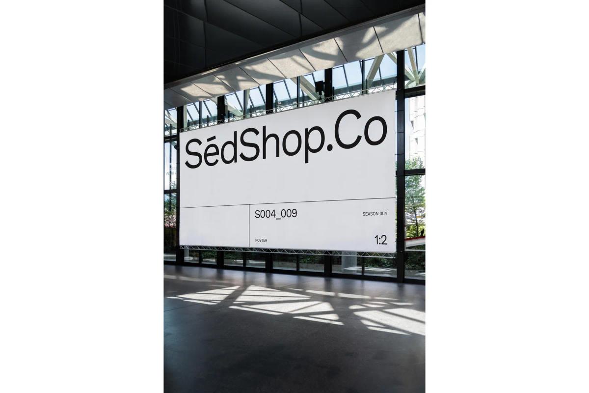 Mockup of a billboard with the text 'SédShop.Co' and details 'S004_009, SEASON 004, POSTER, 1:2'.