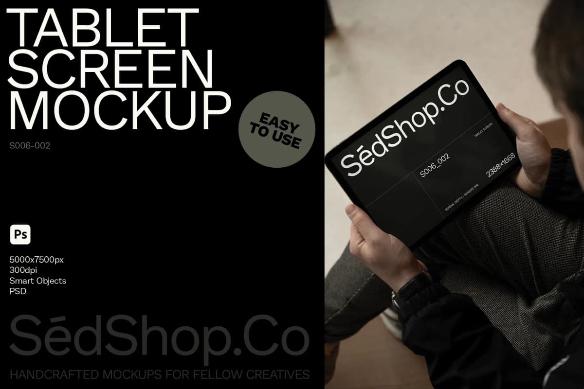Tablet screen mockup showing a person holding a tablet with branding displayed on the screen, emphasizing easy-to-use features.