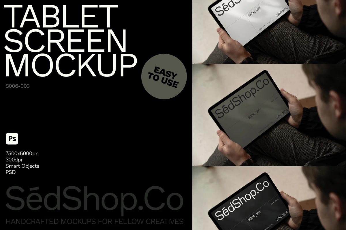 ablet screen mockup with three different angles, showing a person holding a tablet with customizable branding, emphasizing ease of use.