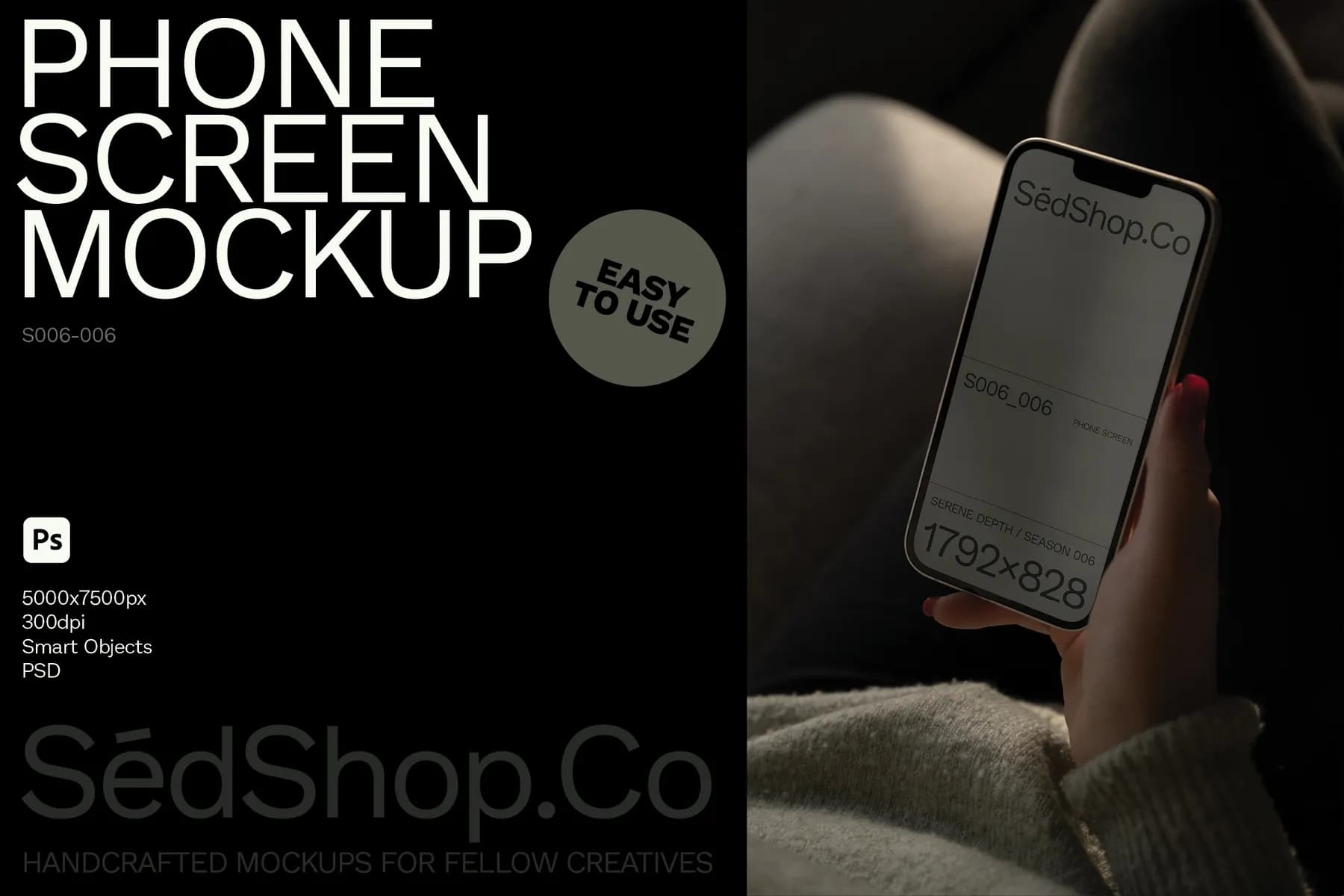 Phone screen mockup showing a person holding a smartphone with branding displayed, emphasizing ease of use and customization in a relaxed setting.