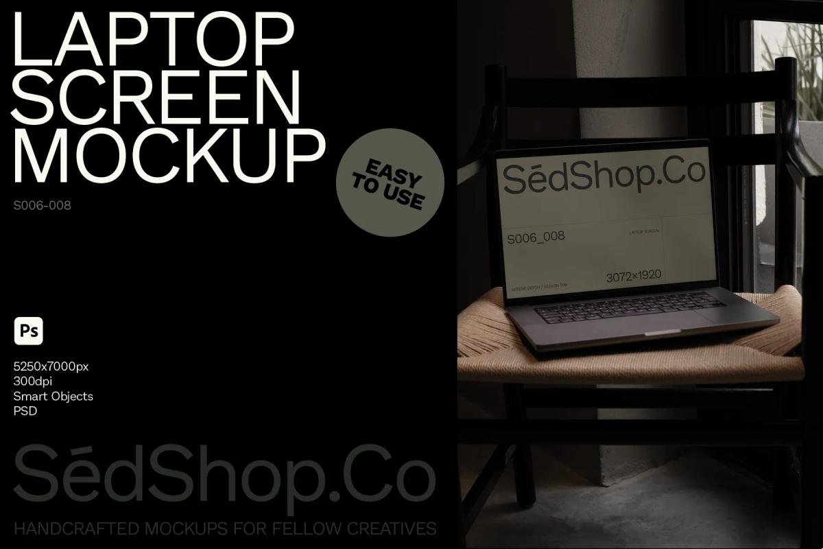 Mockup of a laptop screen with a design displayed on a laptop placed on a woven chair near a window in a dimly lit room.