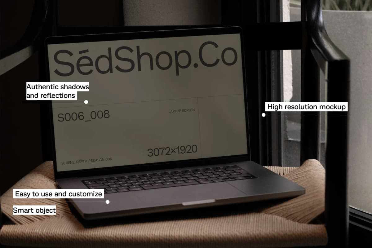 Detailed laptop screen mockup with highlights on authenticity, resolution, and ease of use, showing the laptop on a chair near a window.