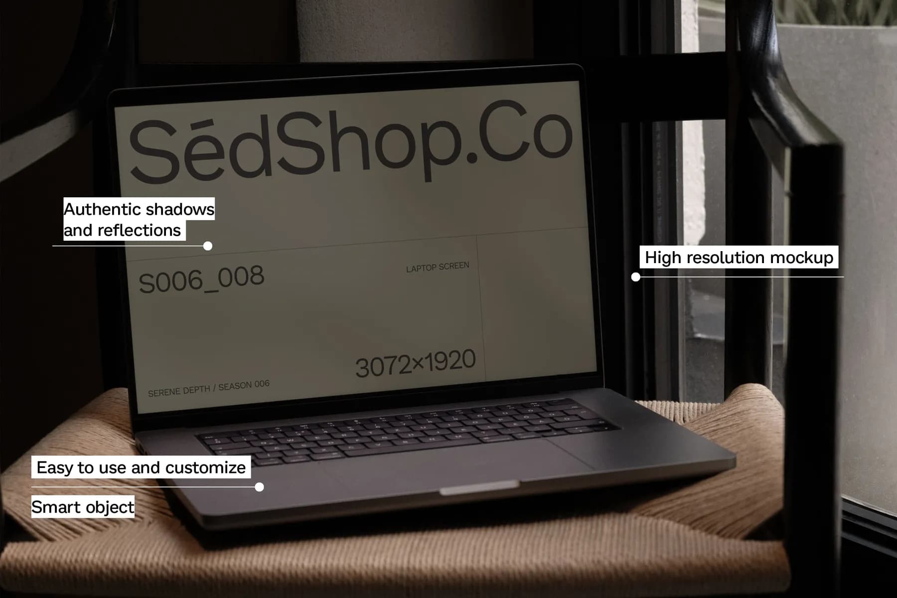 Detailed laptop screen mockup with highlights on authenticity, resolution, and ease of use, showing the laptop on a chair near a window.
