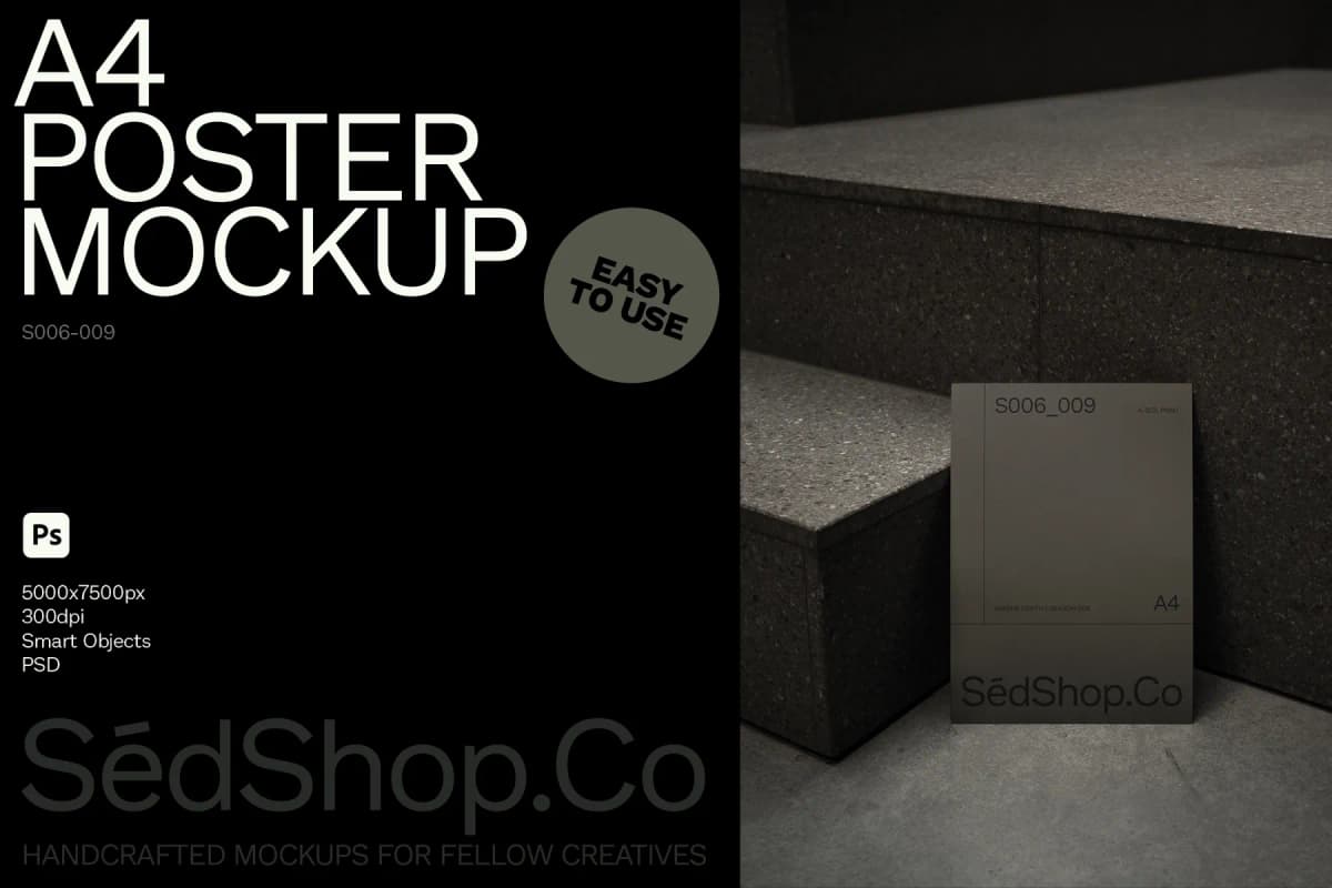 Mockup of an A4 poster leaning against a dark stone staircase, displayed in a minimalistic, dimly lit indoor environment.