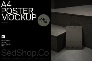Mockup of an A4 poster leaning against a dark stone staircase, displayed in a minimalistic, dimly lit indoor environment.
