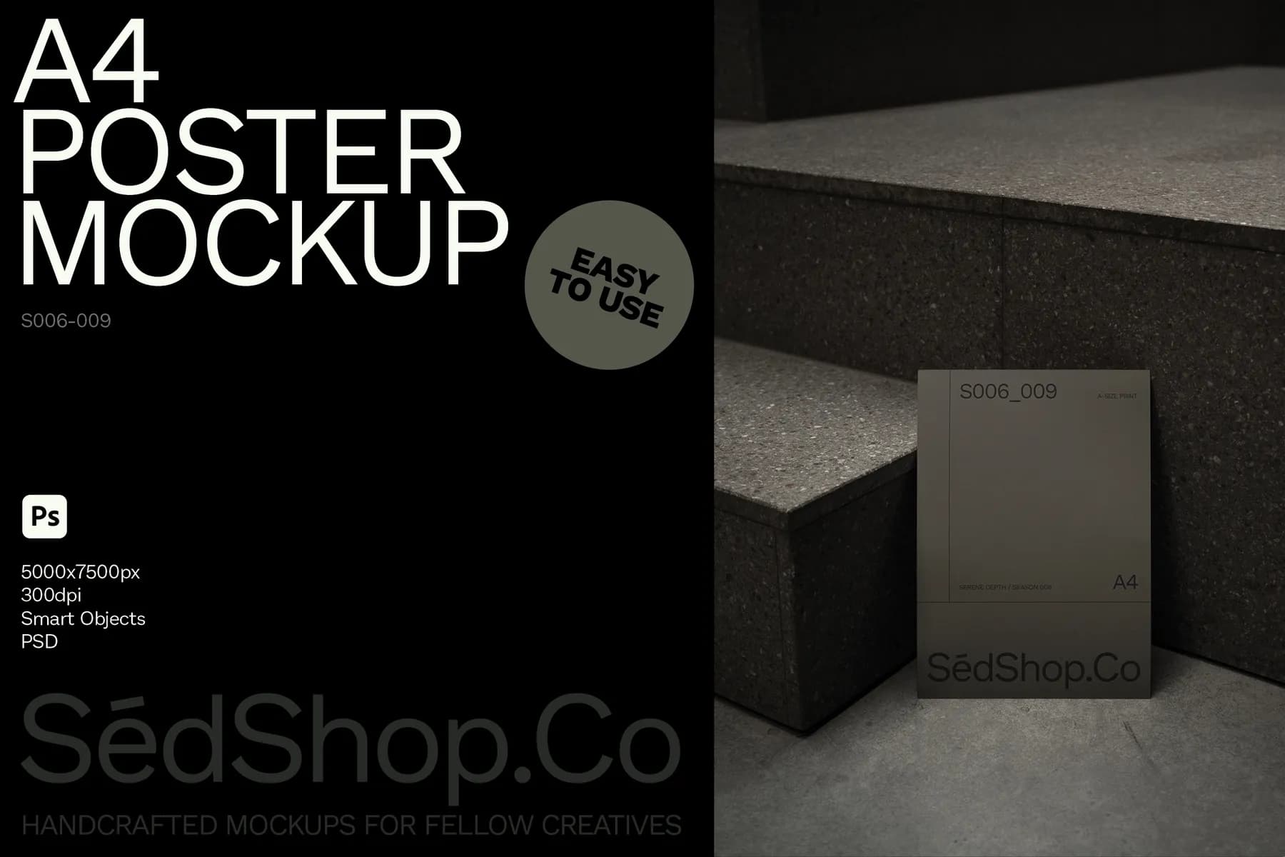 Mockup of an A4 poster leaning against a dark stone staircase, displayed in a minimalistic, dimly lit indoor environment.