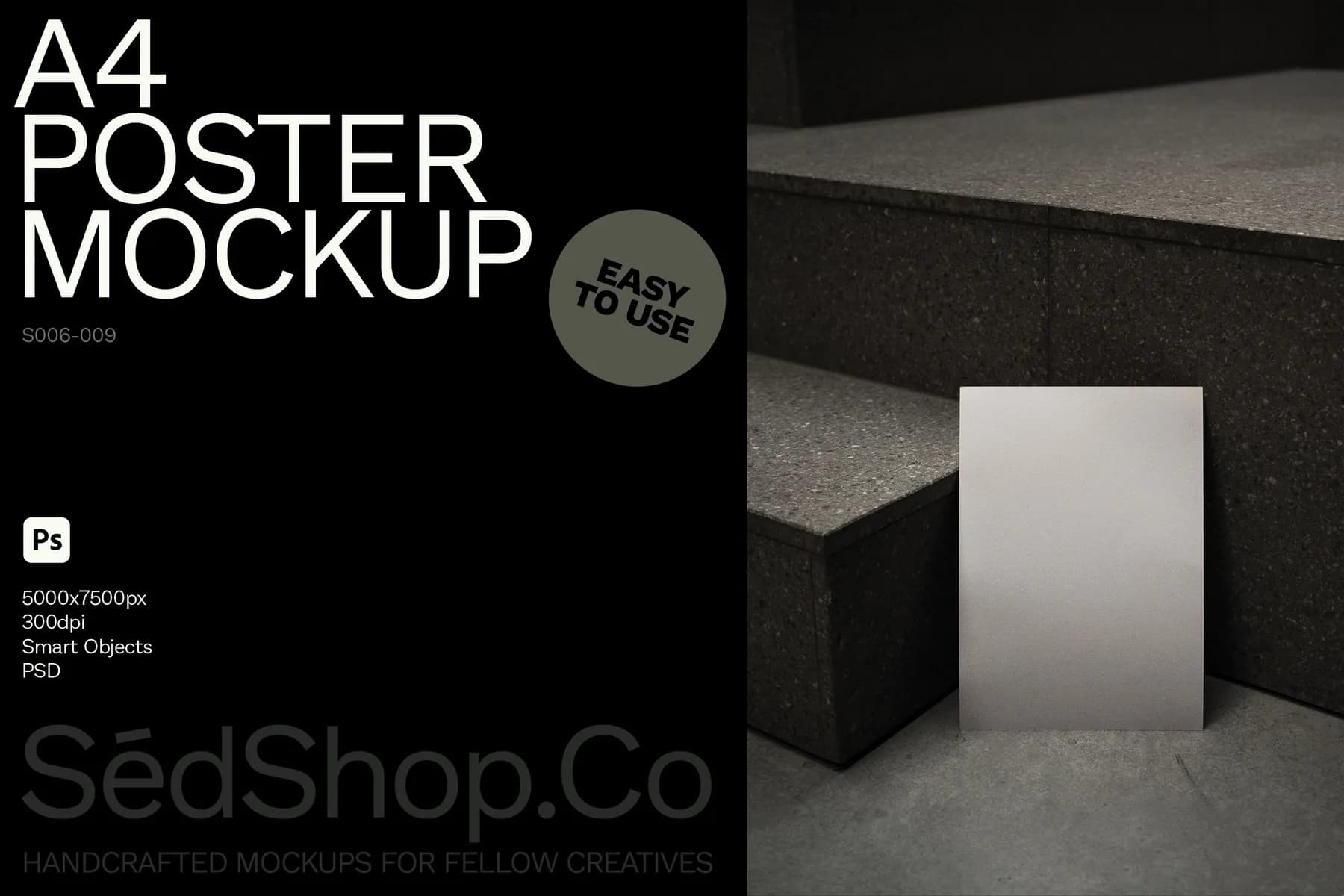 A4 poster mockup with a blank surface, leaning against a dark stone staircase in a low-light setting.