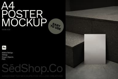 A4 poster mockup with a blank surface, leaning against a dark stone staircase in a low-light setting.