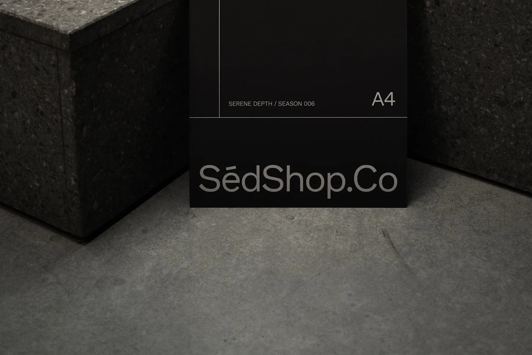Close-up of an A4 poster mockup showing text and design details, set against a dark stone staircase.