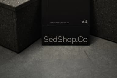 Close-up of an A4 poster mockup showing text and design details, set against a dark stone staircase.