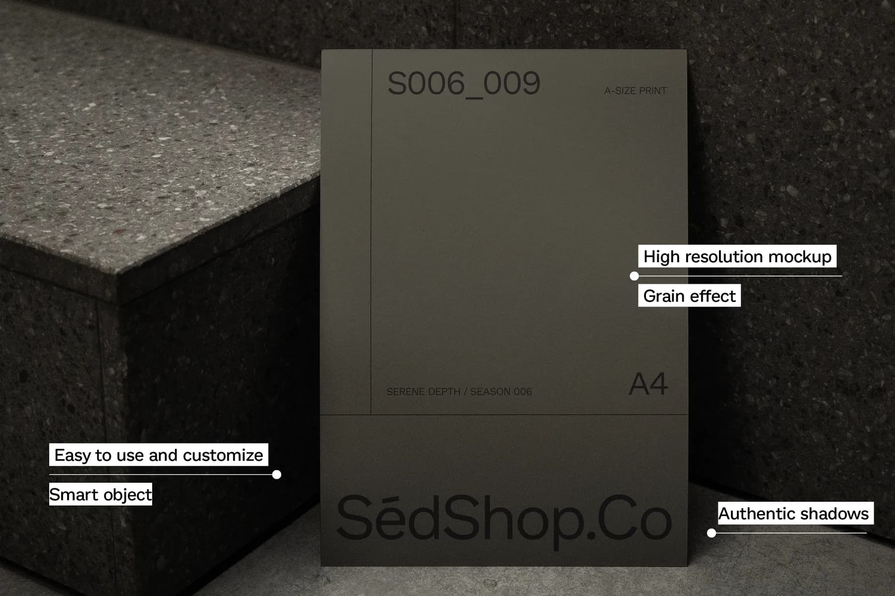 A4 poster mockup with features highlighted, showing the poster against a stone staircase with emphasis on shadows and texture.
