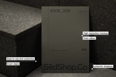 A4 poster mockup with features highlighted, showing the poster against a stone staircase with emphasis on shadows and texture.