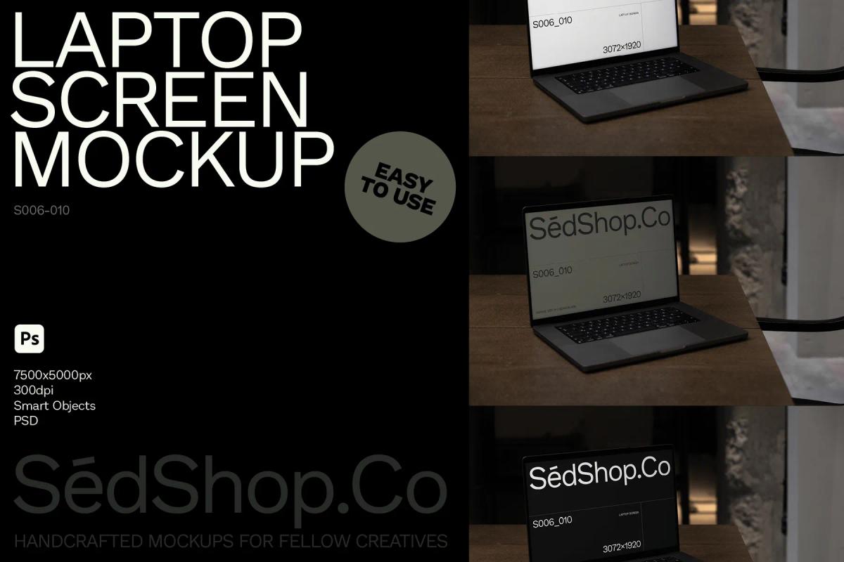 Mockup of a laptop screen displaying three different angles of a laptop on a wooden table, with text and design details shown in each view.