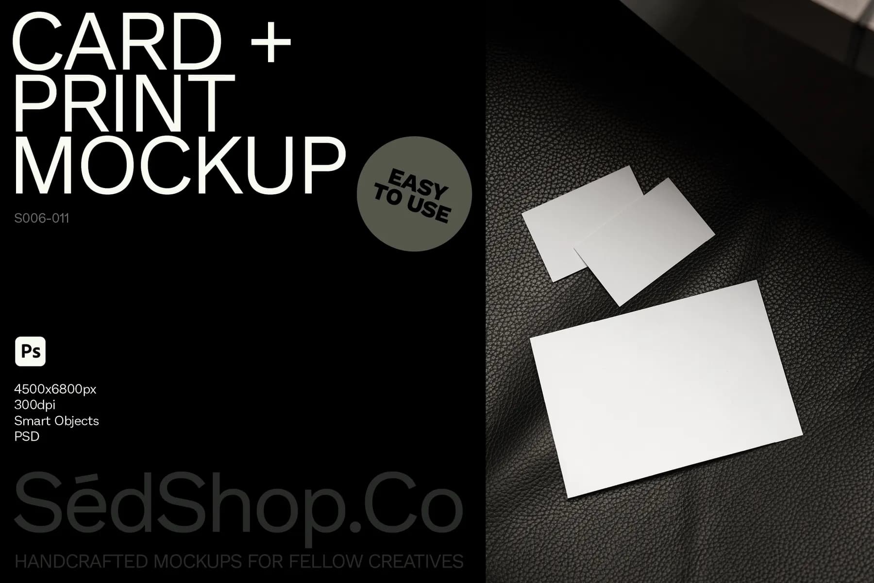 Card and print mockup with blank business cards and an A5 print card, displayed on a textured dark surface.