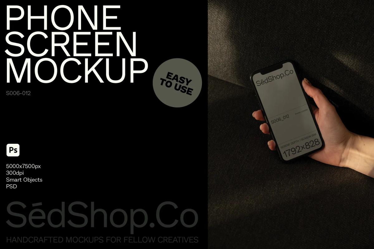 Mockup of a phone screen displaying design details, held by a hand over a dark textured surface.