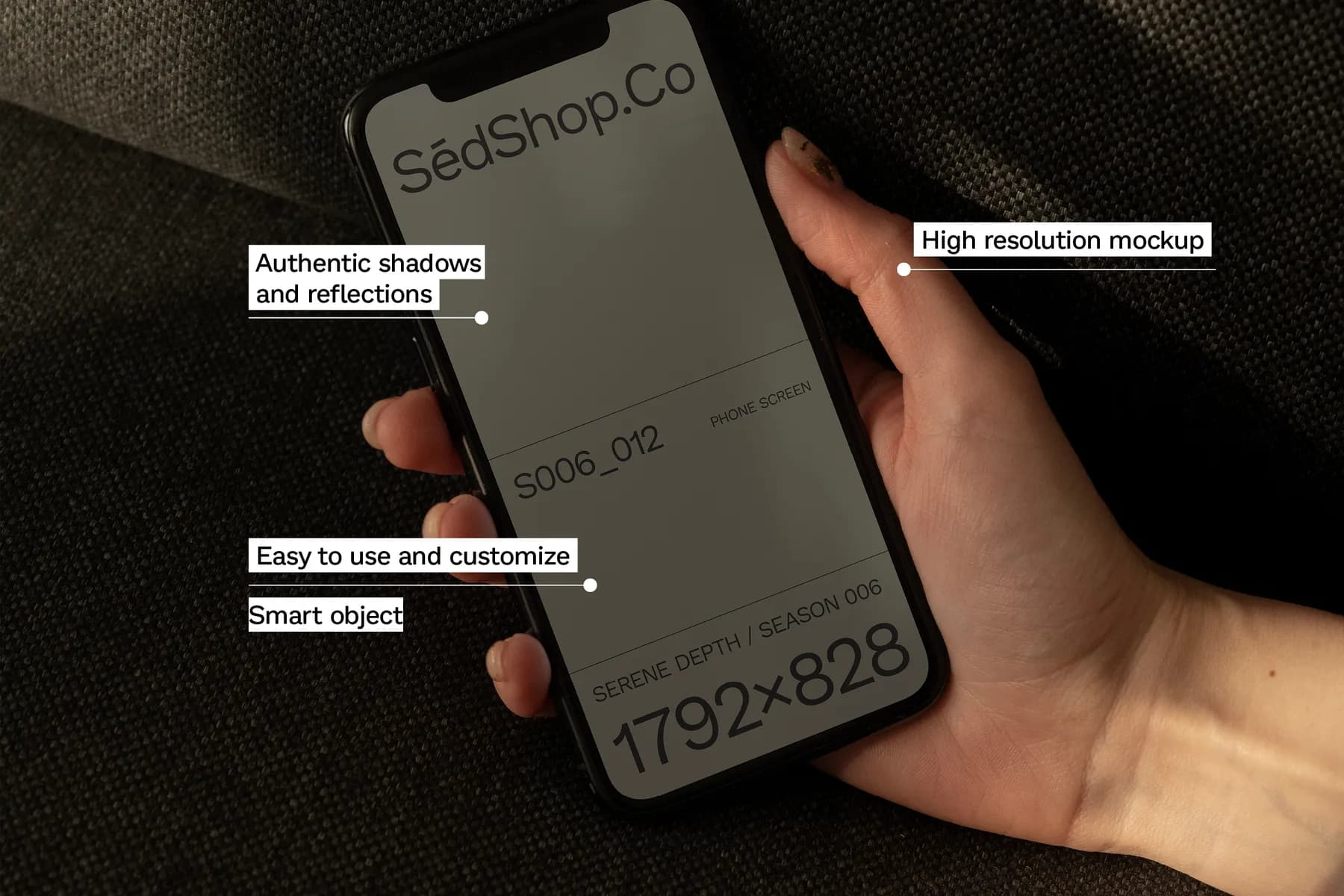 Detailed phone screen mockup highlighting features such as shadows and high resolution, with the phone held over a dark surface.