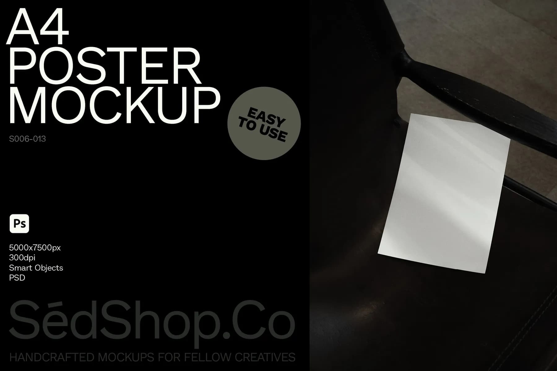 A4 poster mockup with a blank white sheet placed on a dark chair, showcasing a clean and customizable design for various creative uses.