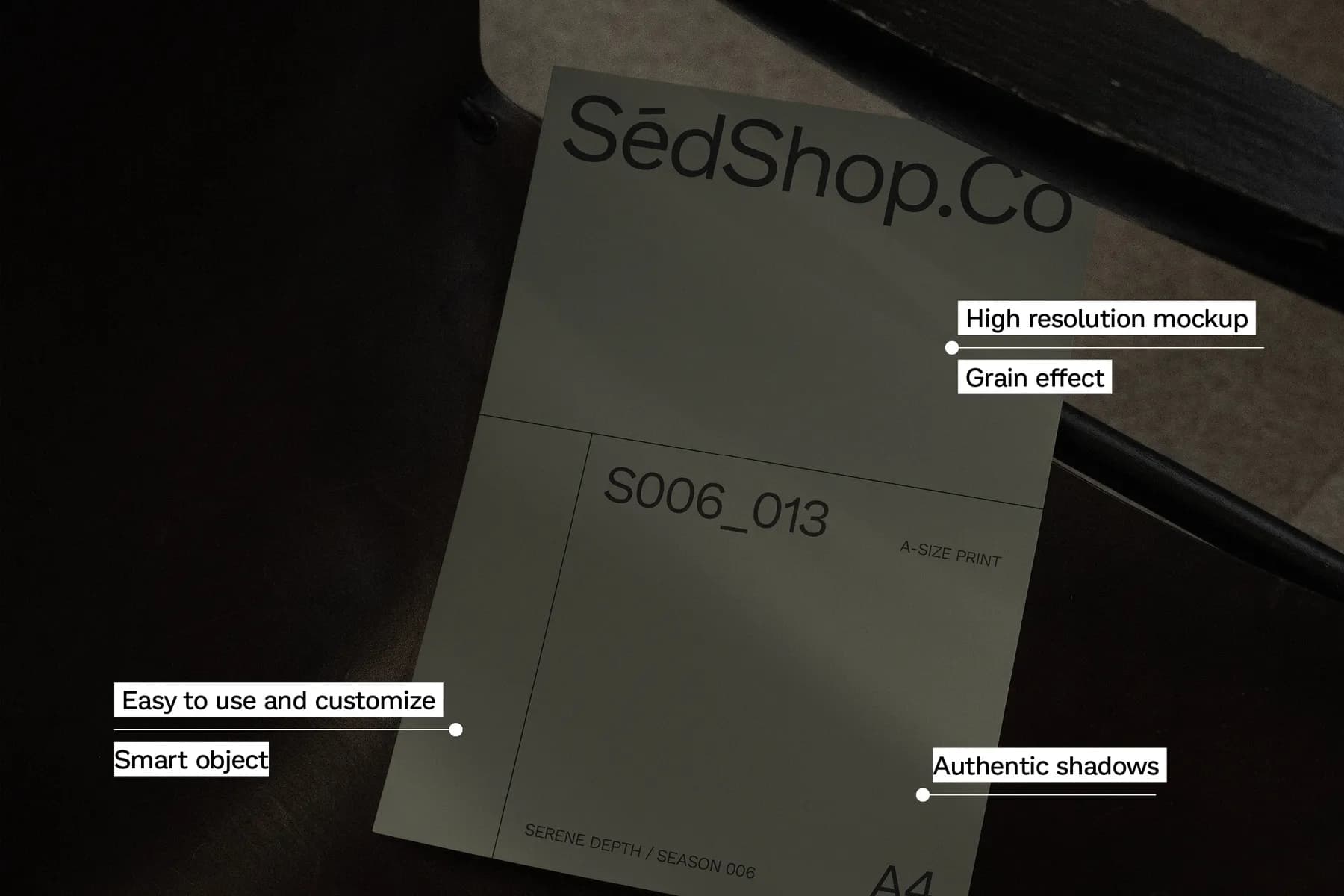 Labeled A4 poster mockup showing SédShop.Co branding and highlighting features such as smart objects, authentic shadows, and high-resolution quality.