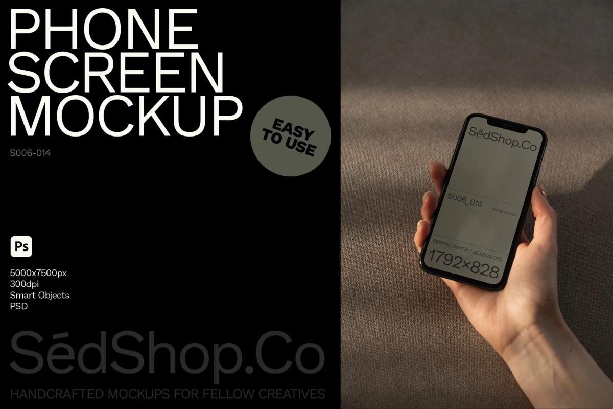 Phone screen mockup with easy-to-use features displayed in hand, showing screen dimensions of 1792x828