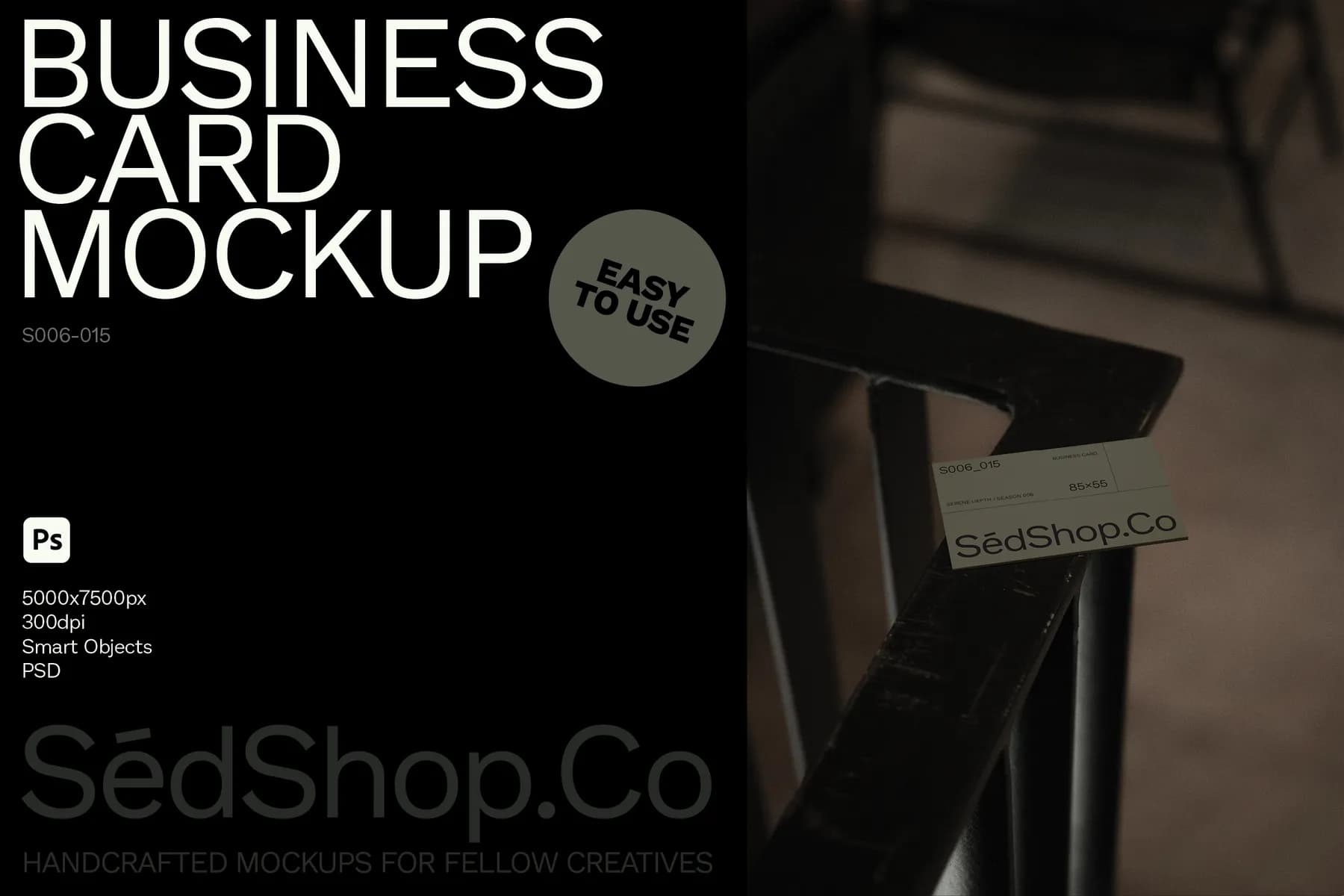 Business card mockup displayed on a dark metal surface, showcasing the easy-to-use features.