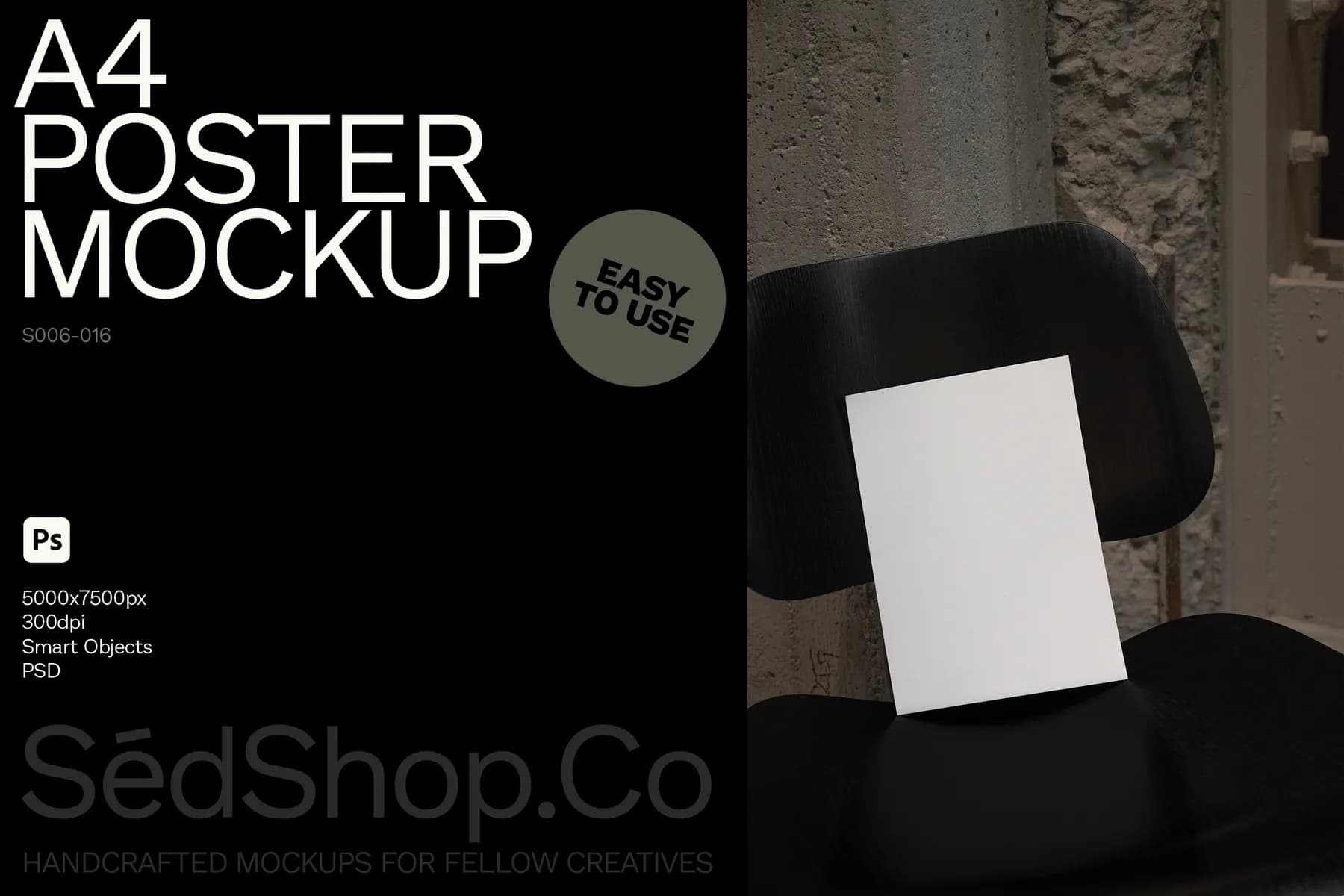 Blank A4 poster mockup on a dark chair, highlighting the ease of customization for various designs.