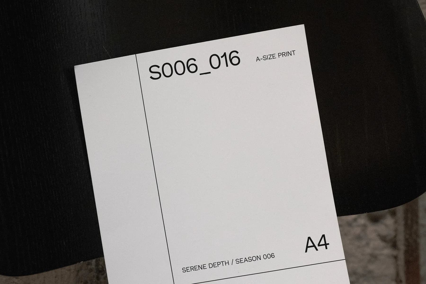 A4 poster mockup on a dark chair, with design details including S006_016 code and A4 size.
