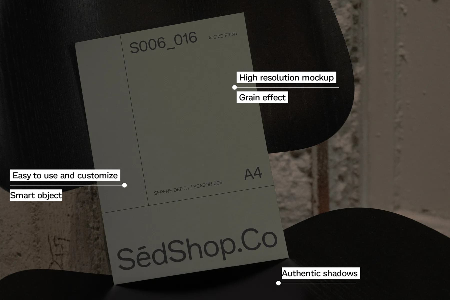 A4 poster mockup on a chair, highlighting high resolution, grain effect, and authentic shadows for realistic presentations.