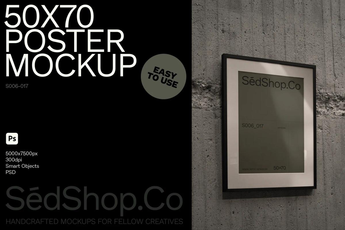 Mockup of a 50x70 poster frame displayed on a concrete wall with SédShop.Co branding, showcasing high-resolution design and easy customization.