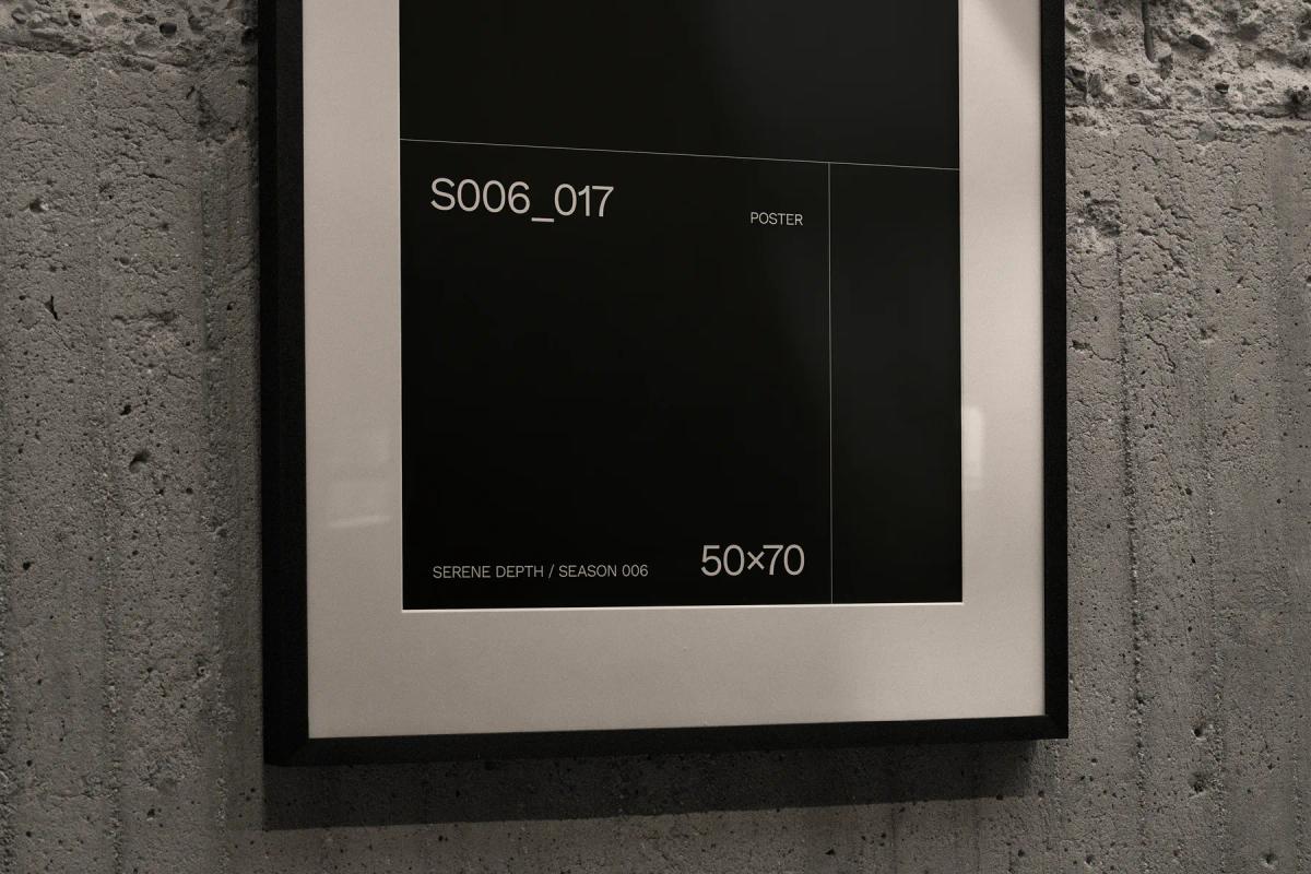 Close-up mockup of a 50x70 poster frame highlighting the lower section with product details in a minimalist design.