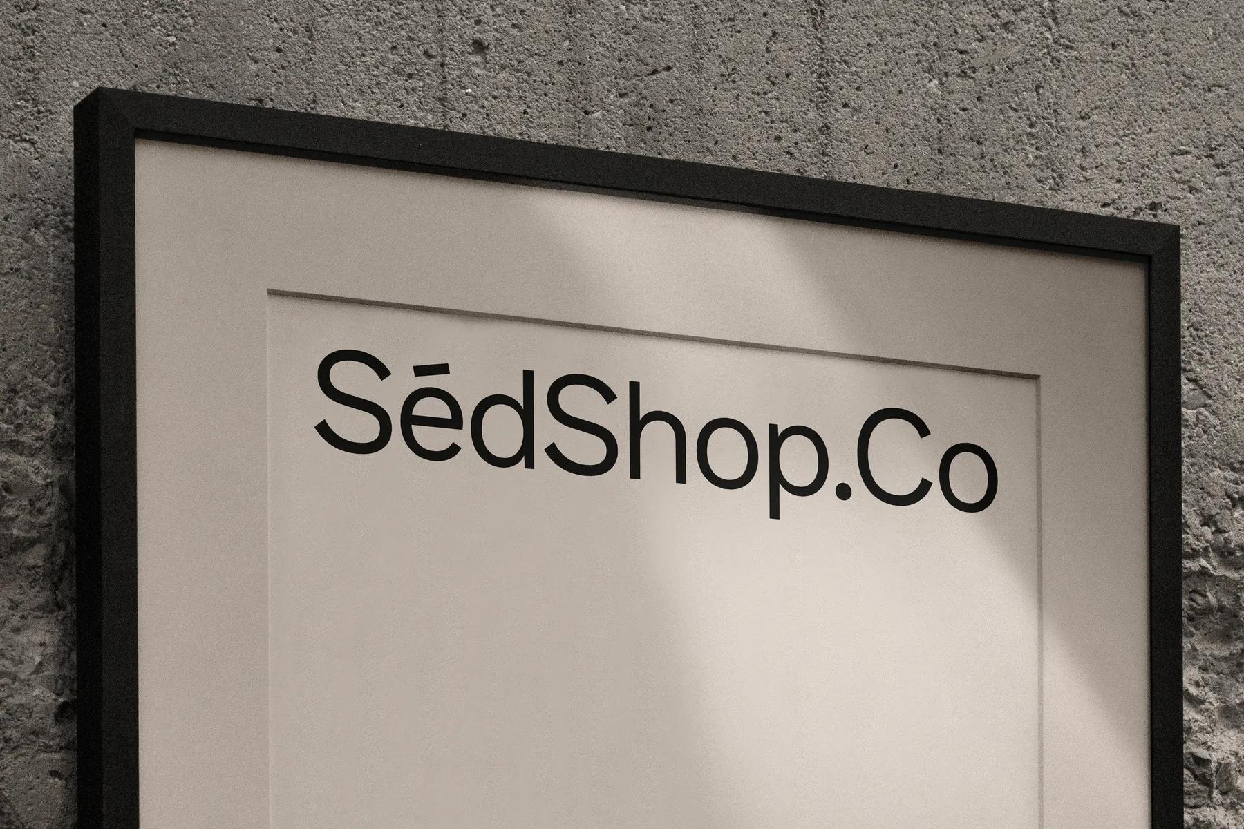 Close-up mockup of a 50x70 poster frame showcasing the upper section with SédShop.Co branding in a sleek and modern style.