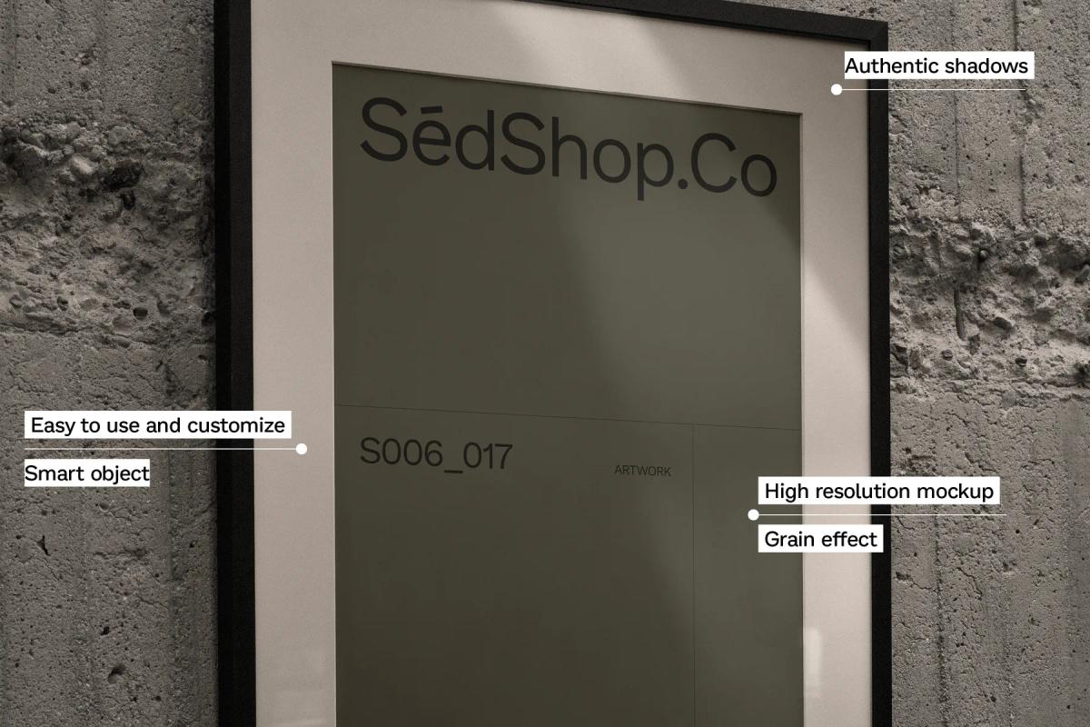 Annotated mockup of a 50x70 poster frame on a concrete wall, emphasizing features like authentic shadows, high resolution, and grain effect.