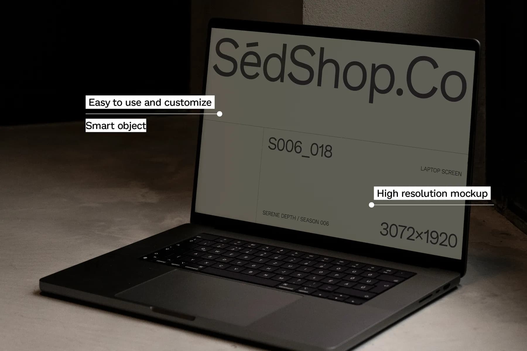 Mockup of an open laptop displaying a SédShop.Co design with annotations for easy customization, high resolution, and smart objects.