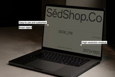 Mockup of an open laptop displaying a SédShop.Co design with annotations for easy customization, high resolution, and smart objects.