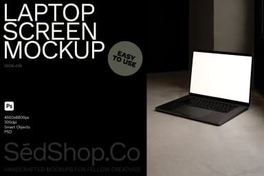 Mockup of an open laptop with a blank screen, positioned on a concrete floor, ready for customization with smart objects.