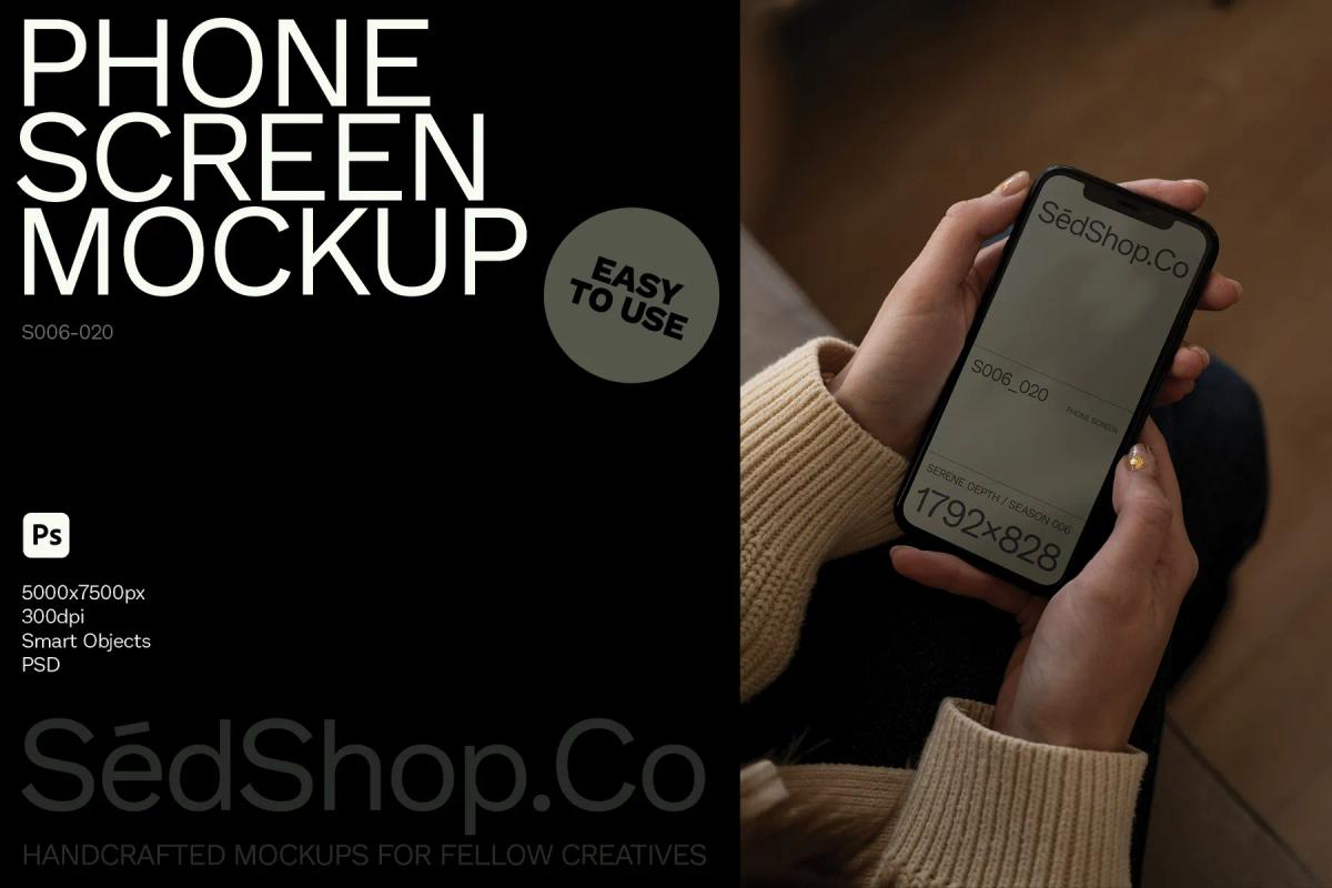 Mockup of a phone screen held in a person's hand, displaying SédShop.Co branding with easy-to-use and high-resolution design elements.