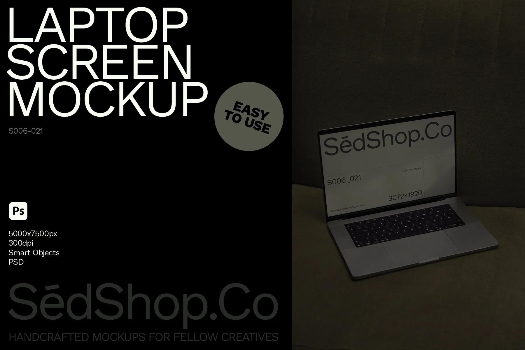 Mockup of a laptop screen displayed on a green couch, featuring SédShop.Co branding, with an easy-to-use and high-resolution design.