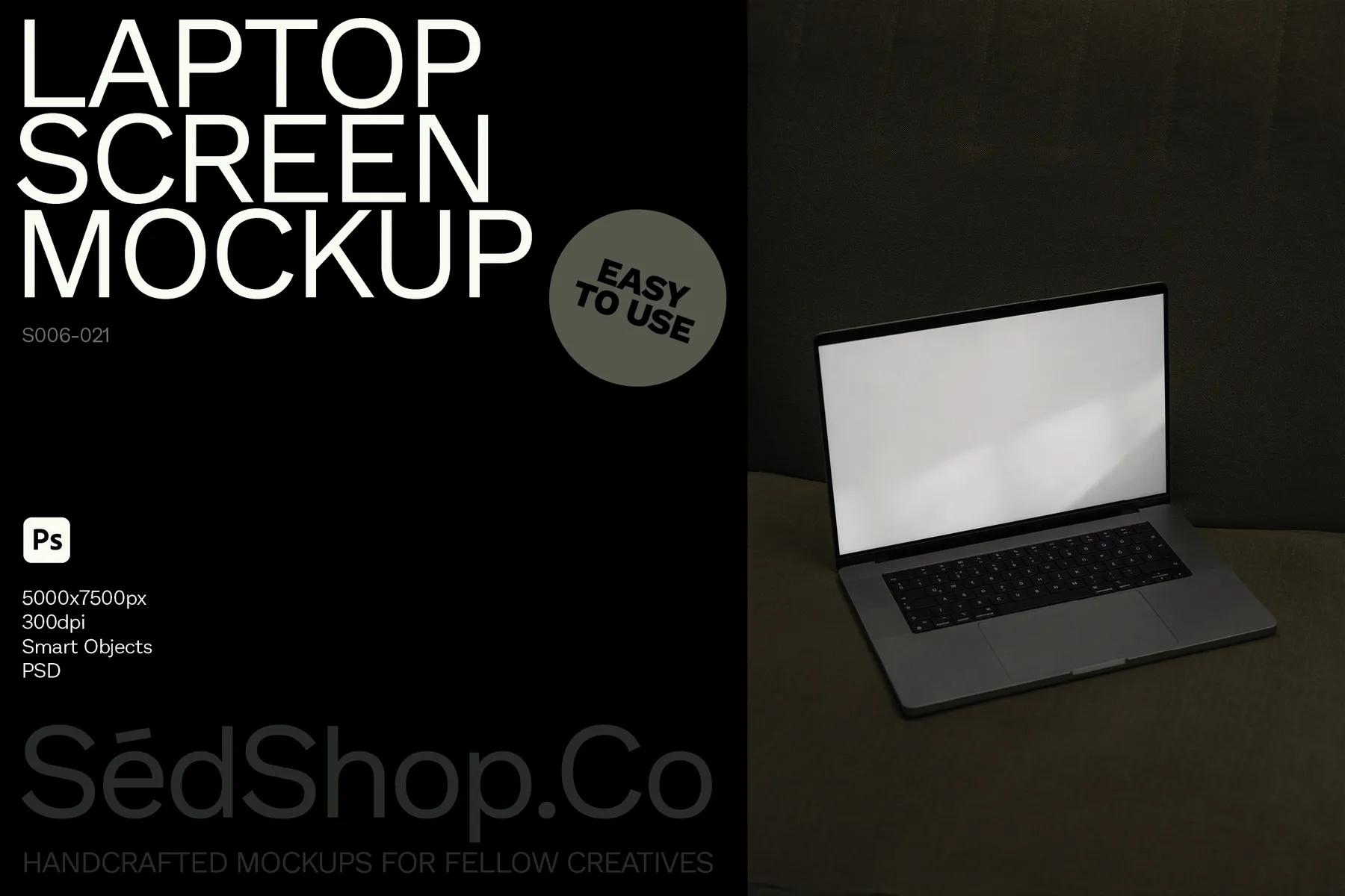 Mockup of a blank laptop screen placed on a green couch, ready for customization with smart objects in a high-resolution PSD format.