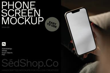 Phone screen mockup featuring a hand holding a smartphone with a blank white screen, ready for design customization in a dark, moody setting.