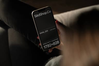 Close-up phone screen mockup held by a hand, displaying customizable content with a dark theme, perfect for showcasing app designs.