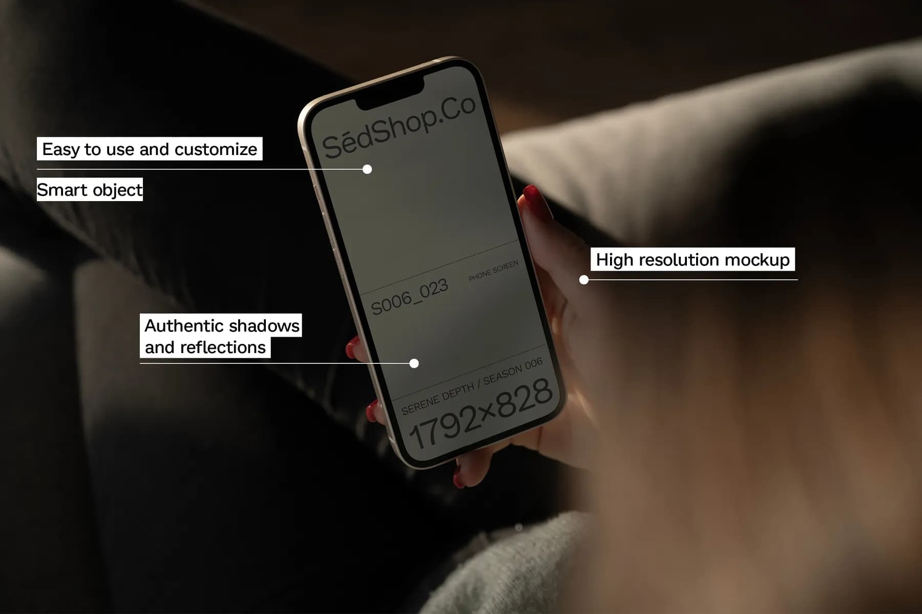 Phone screen mockup highlighting high resolution, smart objects, and authentic shadows, held by a hand in a dark environment.