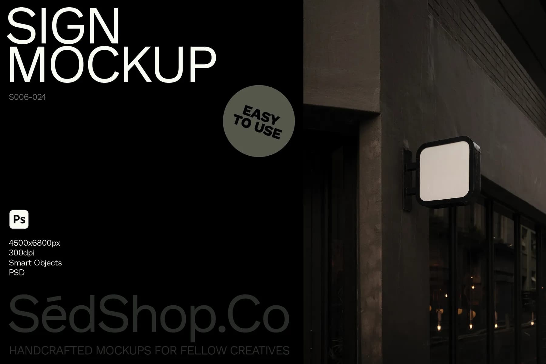 Sign mockup with a blank design mounted on a dark building, ready for customization, featuring a realistic urban setting.