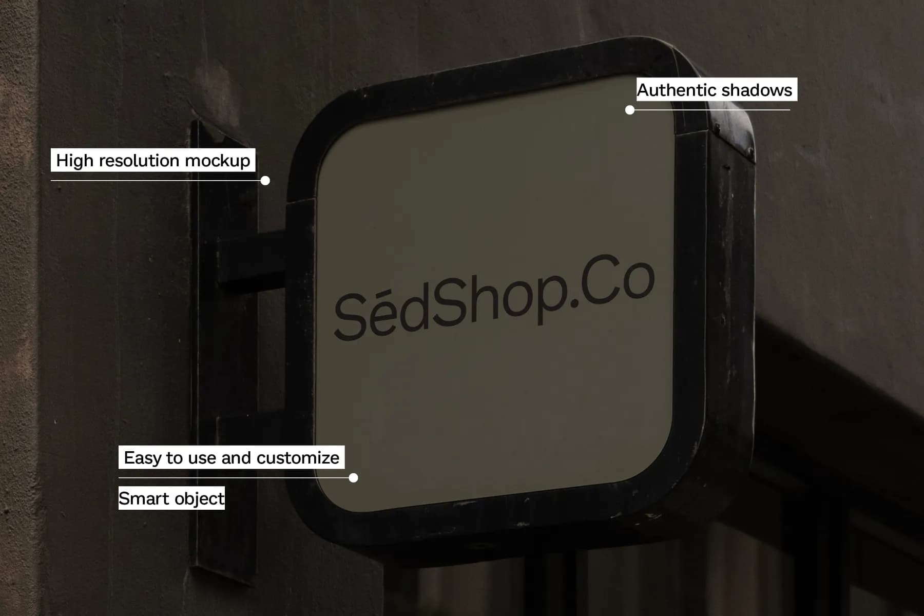 Sign mockup highlighting high resolution, smart objects, and authentic shadows, mounted on a dark building for realistic branding presentation.