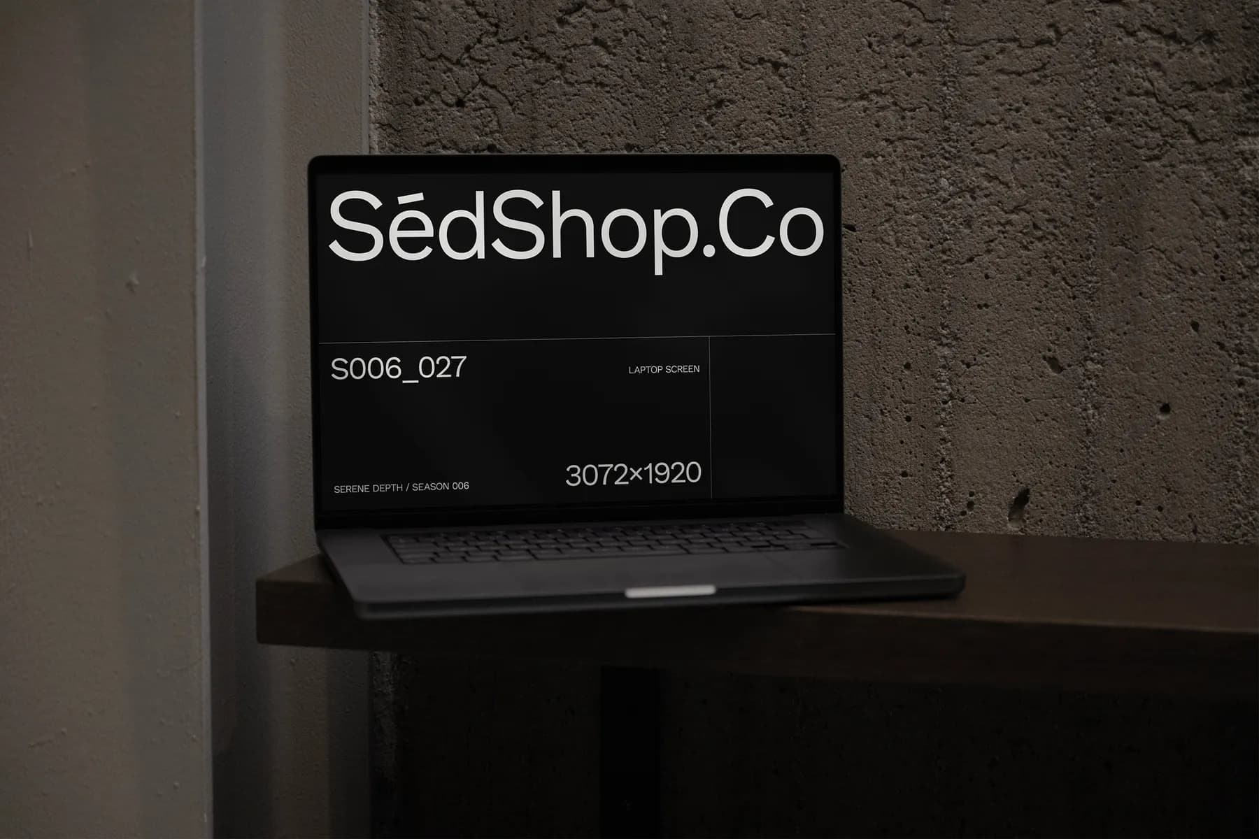 Close-up of a laptop screen mockup on a wooden shelf, displaying 'SédShop.Co' text, perfect for showcasing digital designs.